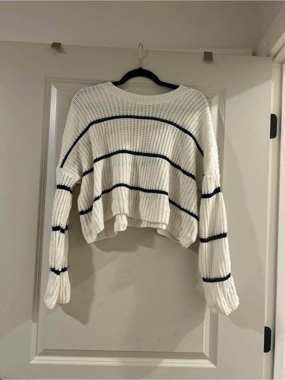 Women's Cropped Knit Sweater with White and Navy Stripes